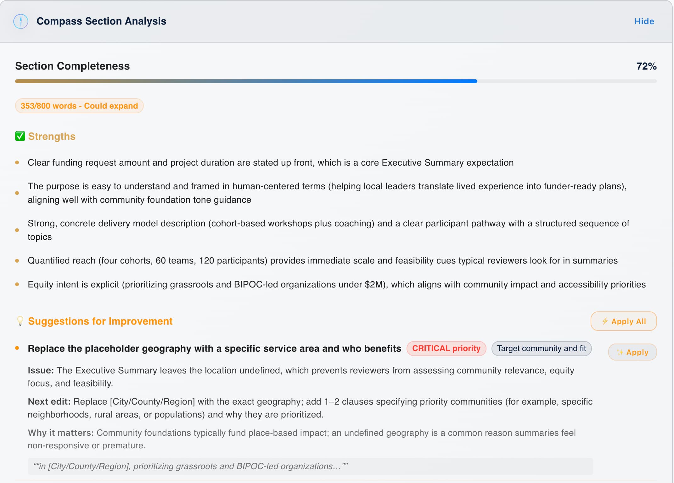 GrantCopilot AI Analyzer — proposal analysis with structure, clarity, and compliance scoring